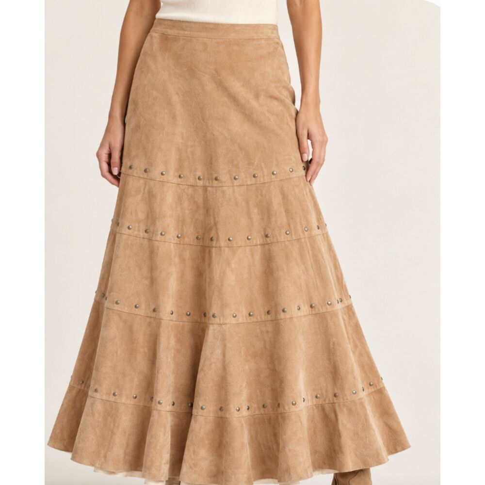 Vintage Chico’s 100% Genuine Suede Leather Tiered Maxi Skirt Studded Size 2/L 10